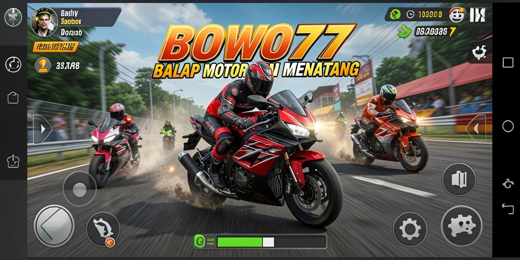 Screenshot gameplay BOWO77 menampilkan balapan motor yang mendebarkan.