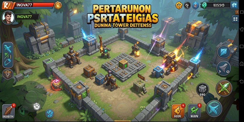 Screenshot gameplay INOVA77 menampilkan pertarungan menara melawan gelombang musuh.